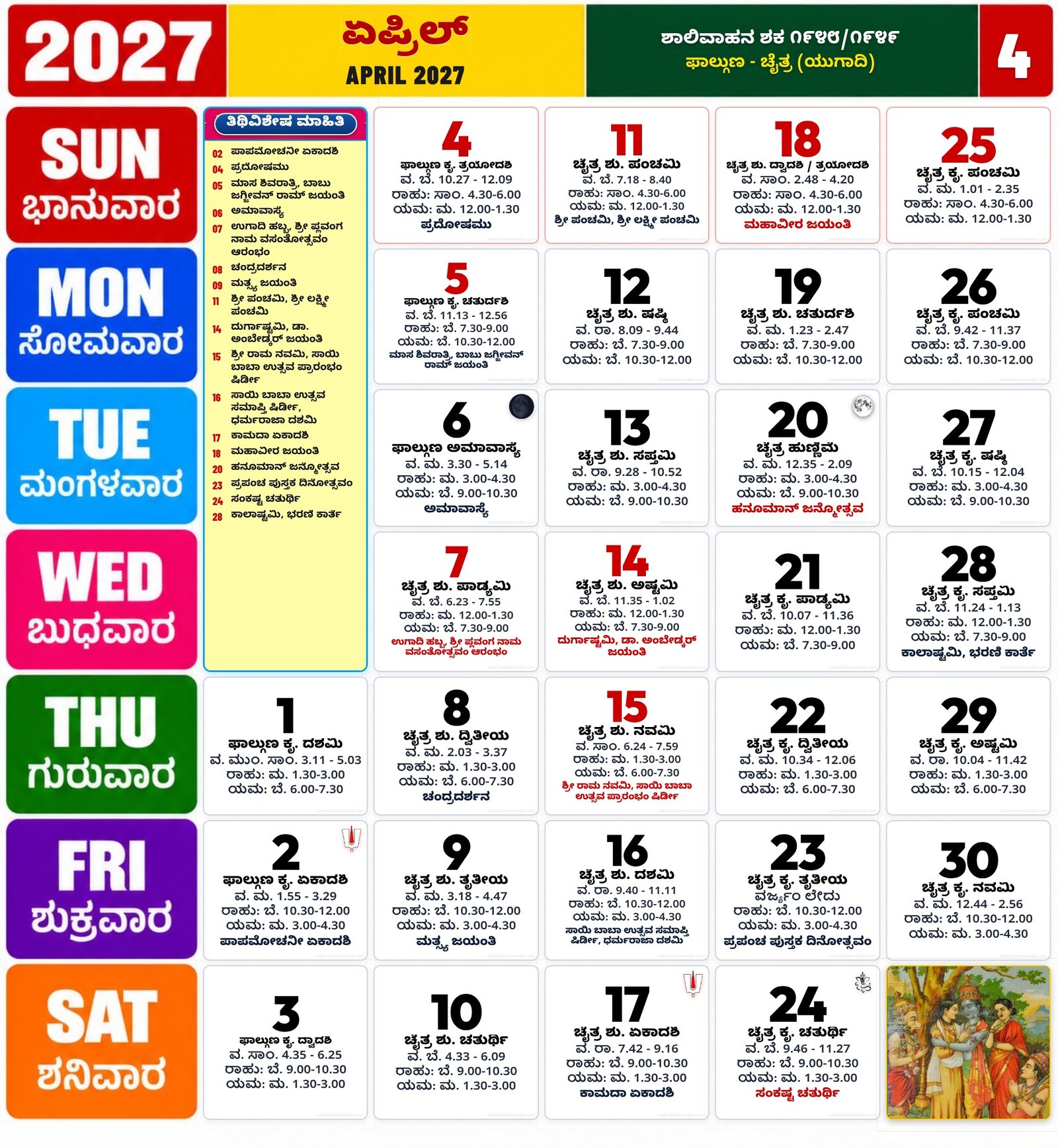 Kannada calendar April 2027 with daily dates festivals tithi details