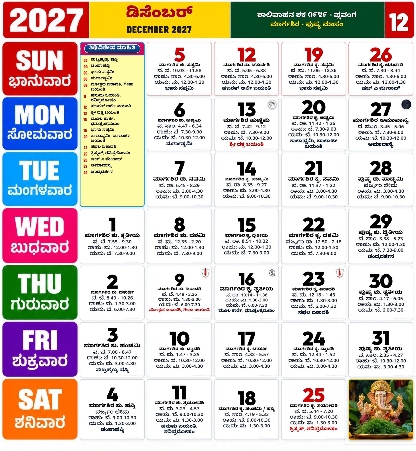 Kannada calendar December 2027 with daily dates festivals tithi details