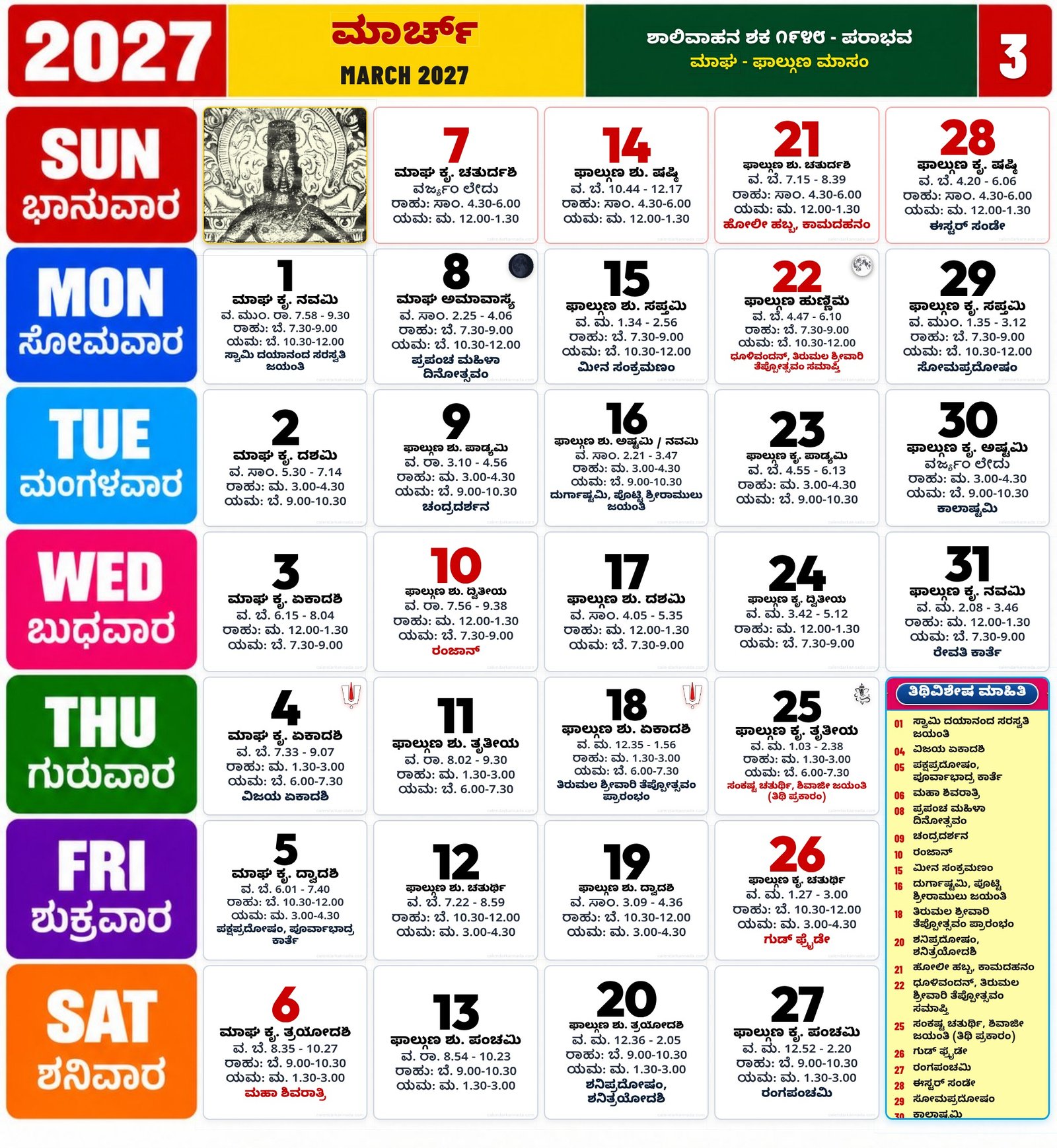 Kannada calendar March 2027 with daily dates festivals tithi details