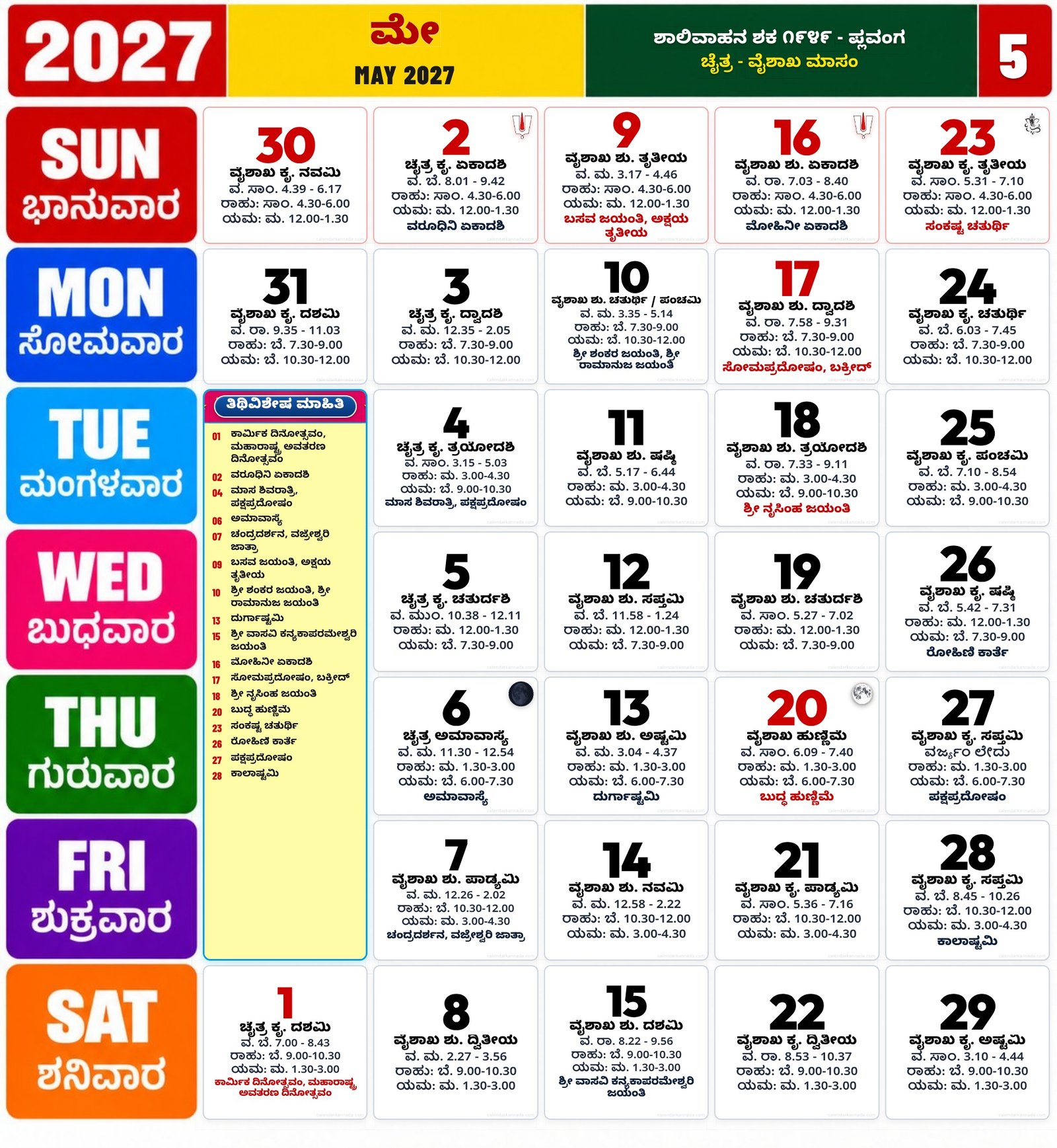 Kannada calendar May 2027 with daily dates festivals tithi details