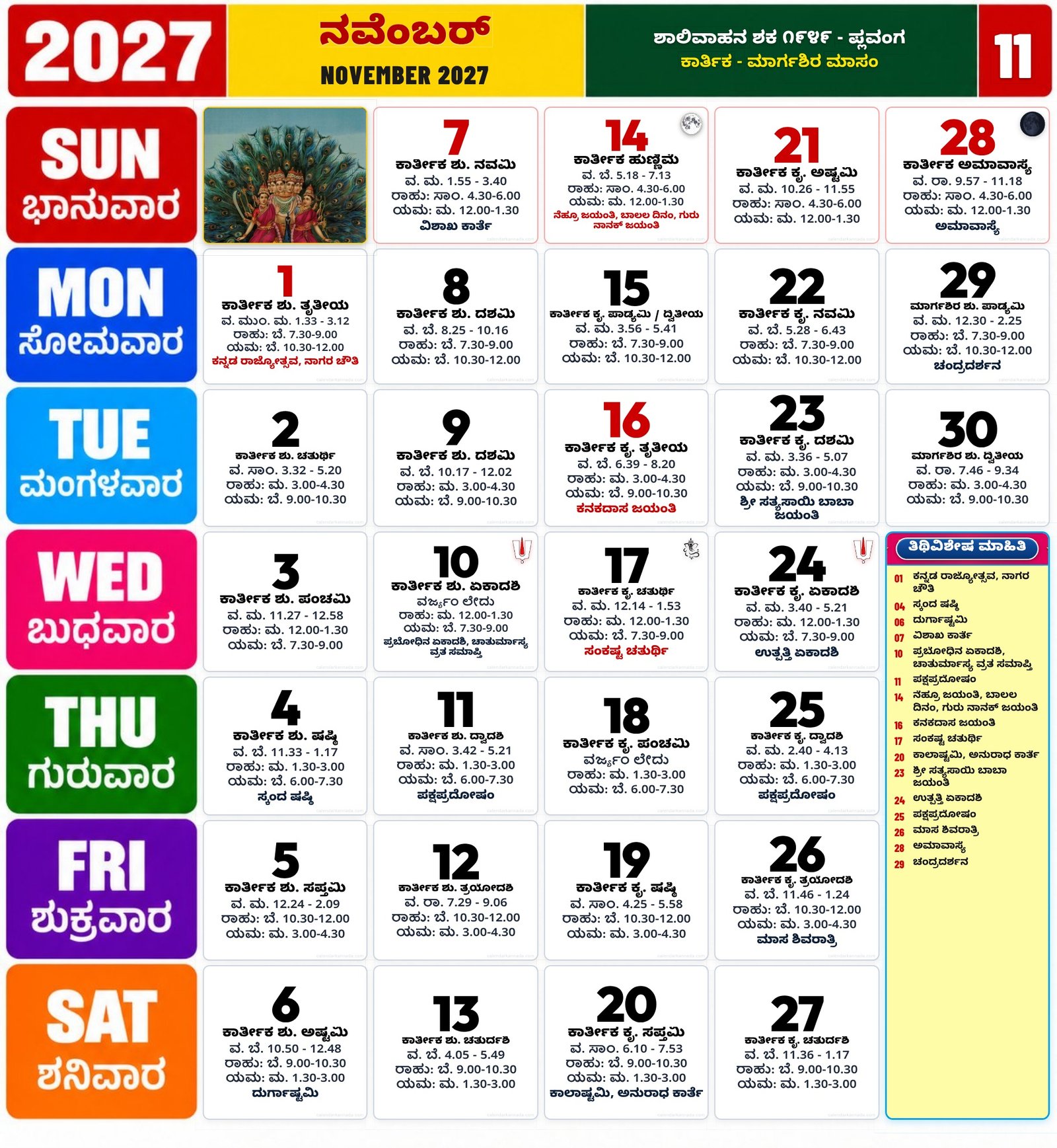 Kannada calendar November 2027 with daily dates festivals tithi details